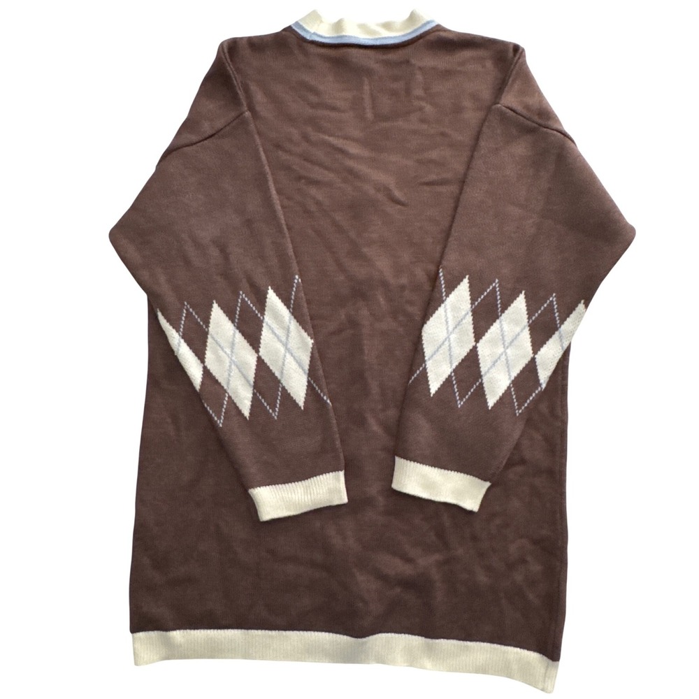 Maeve Anthropologie Brown Argyle Bow Button Longline Cardigan Sweater Medium - Picture 2 of 7